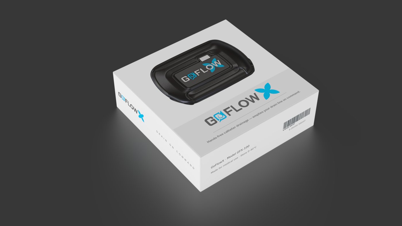 GoFlowX retail packaging — white carton with device render and blue GoFlow branding
