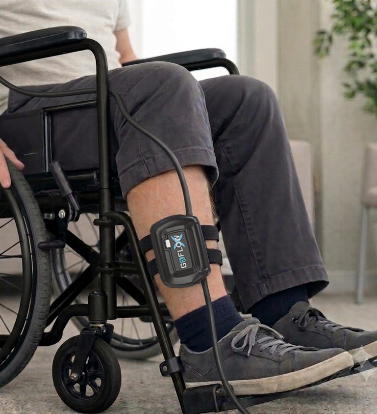 Wheelchair user at home wearing the GoFlowX device strapped to their lower leg
